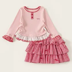 Conjunto niña falda y top de cuadros manga larga estilo coreano