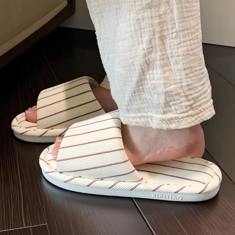 Zapatillas de casa antideslizantes en lino con rayas estilo coreano - imagen 2