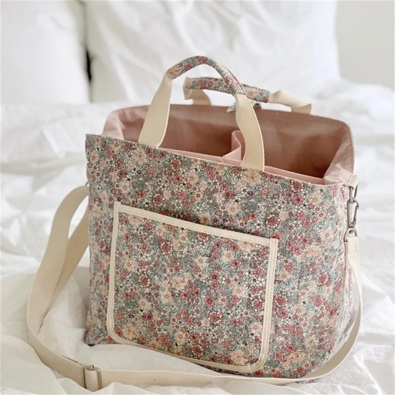Bolsa de pañales INS de algodón con estampado floral elegante - imagen 2