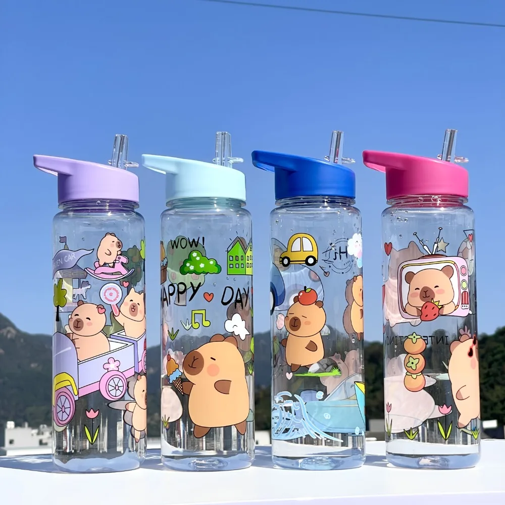 Botella de agua infantil con pajita capibara para colegio y camping