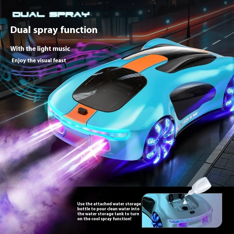 Coche RC teledirigido con luces y pulverización musical para niños
