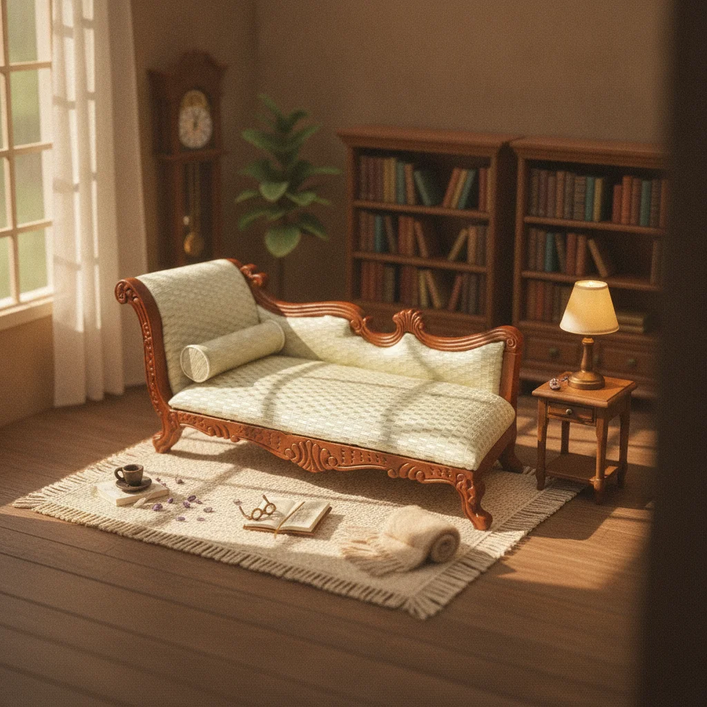 Sofá chaise longue miniatura estilo vintage con almohada detallada - imagen 5