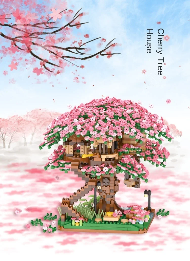 Mini modelo de casa con árbol Sakura en bloques, con efecto de luz decorativa