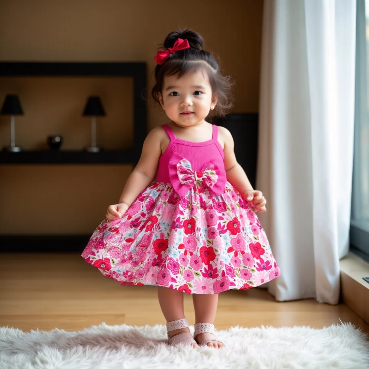 Niña usando el vestido en un jardín