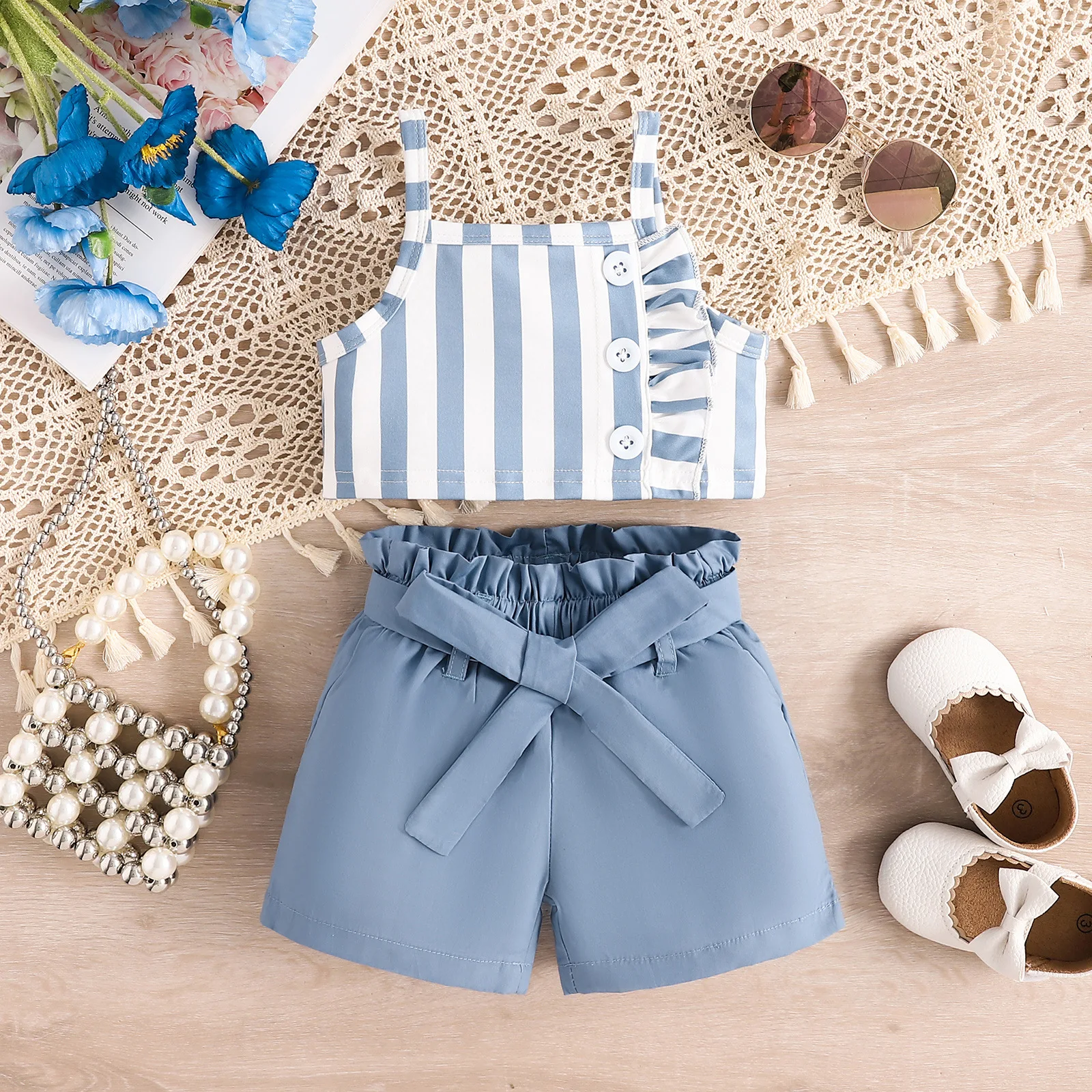 Conjunto verano niña Boutique – Top algodón a rayas sin mangas y shorts – Moda coreana - imagen 2