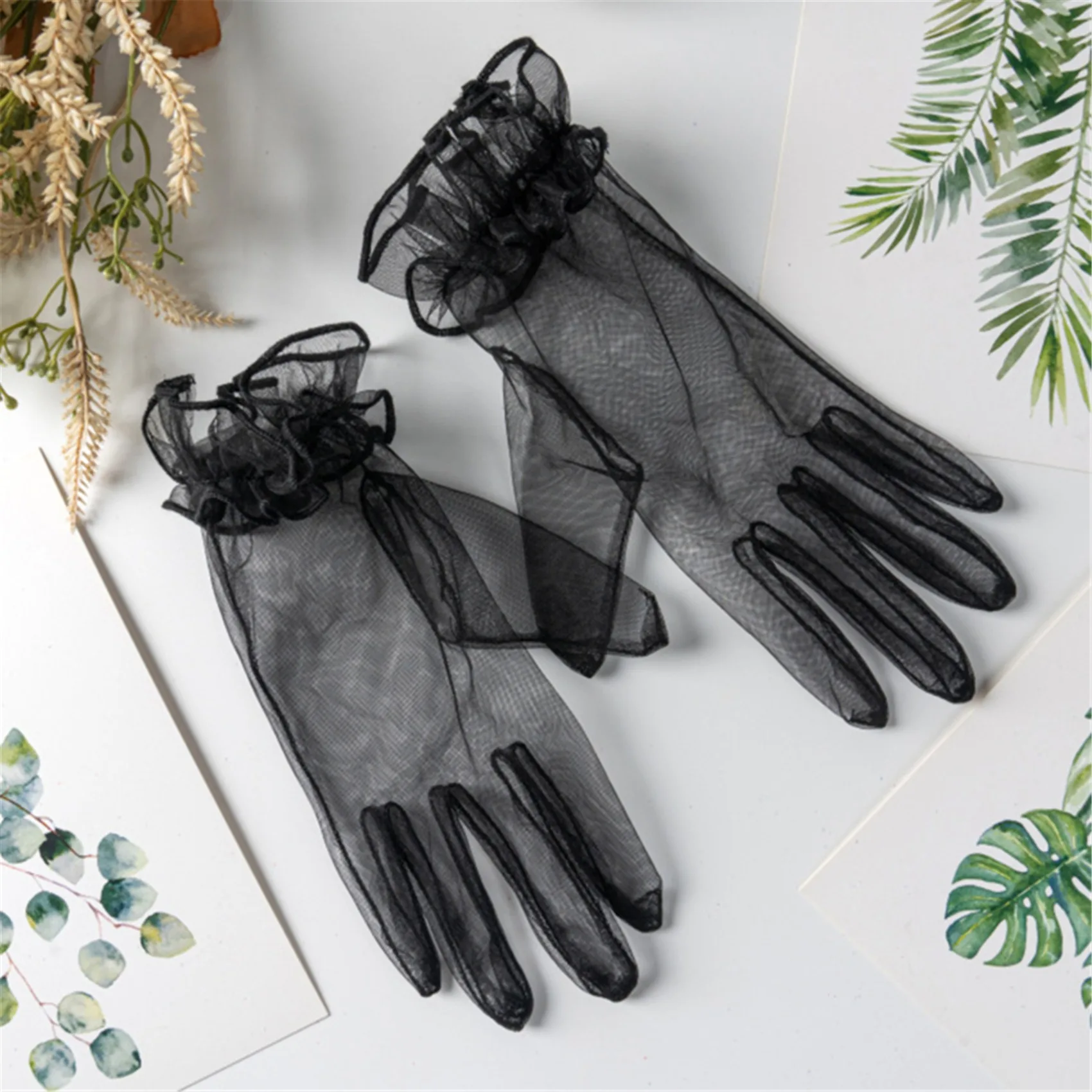 Guantes de encaje cortos elásticos de tul transparente para boda y noche