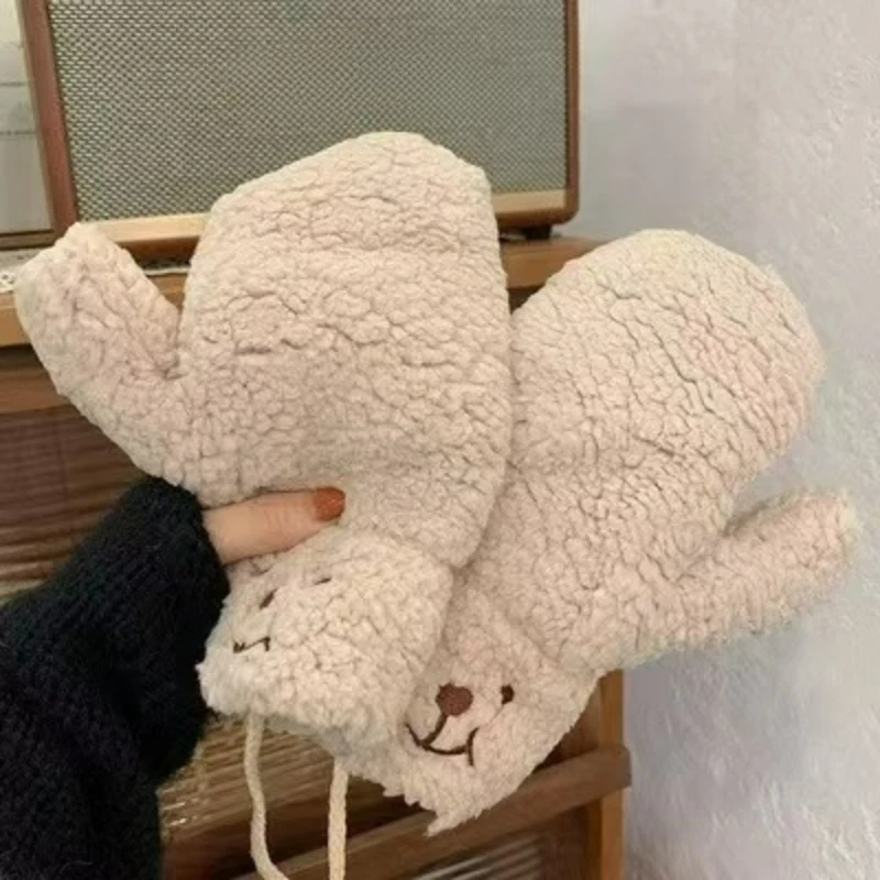 Guantes de invierno con forro polar, bordado de oso y lana de cordero