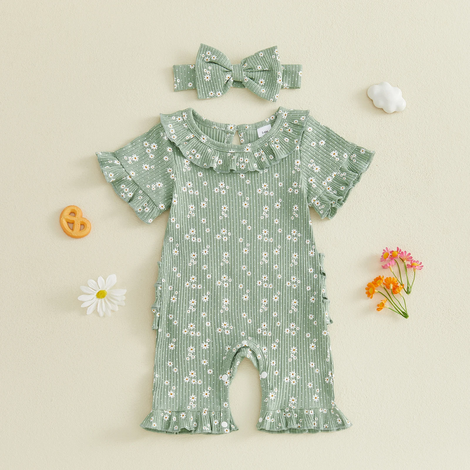 Mono de verano para bebé con manga corta, volantes florales y diadema - imagen 2