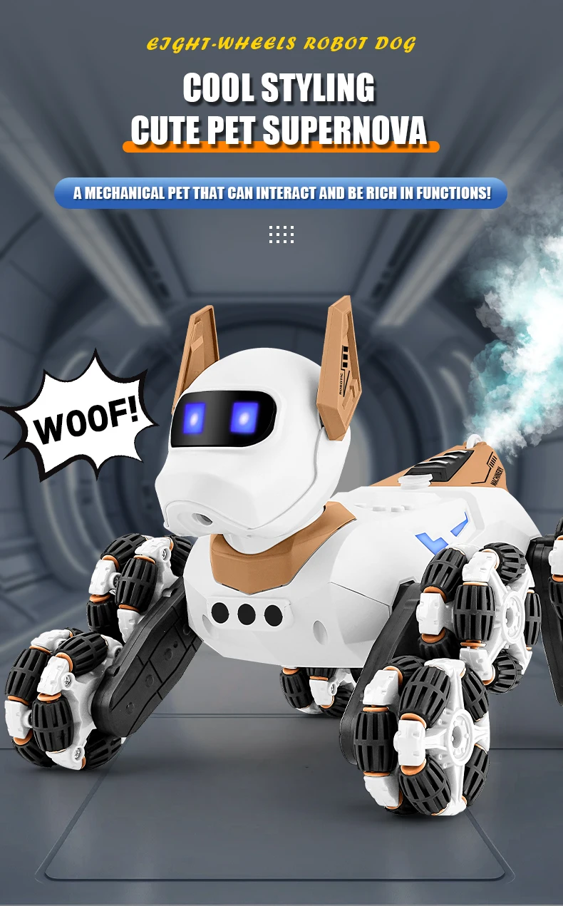 Detalle del perro robot con control y funciones