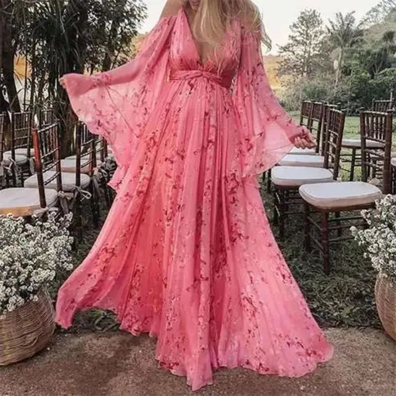 Vestido de embarazo veraniego rosa estampado para fotos premamá