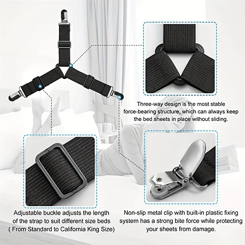 Correas para sábanas ajustables con clips de sujeción negras - imagen 3
