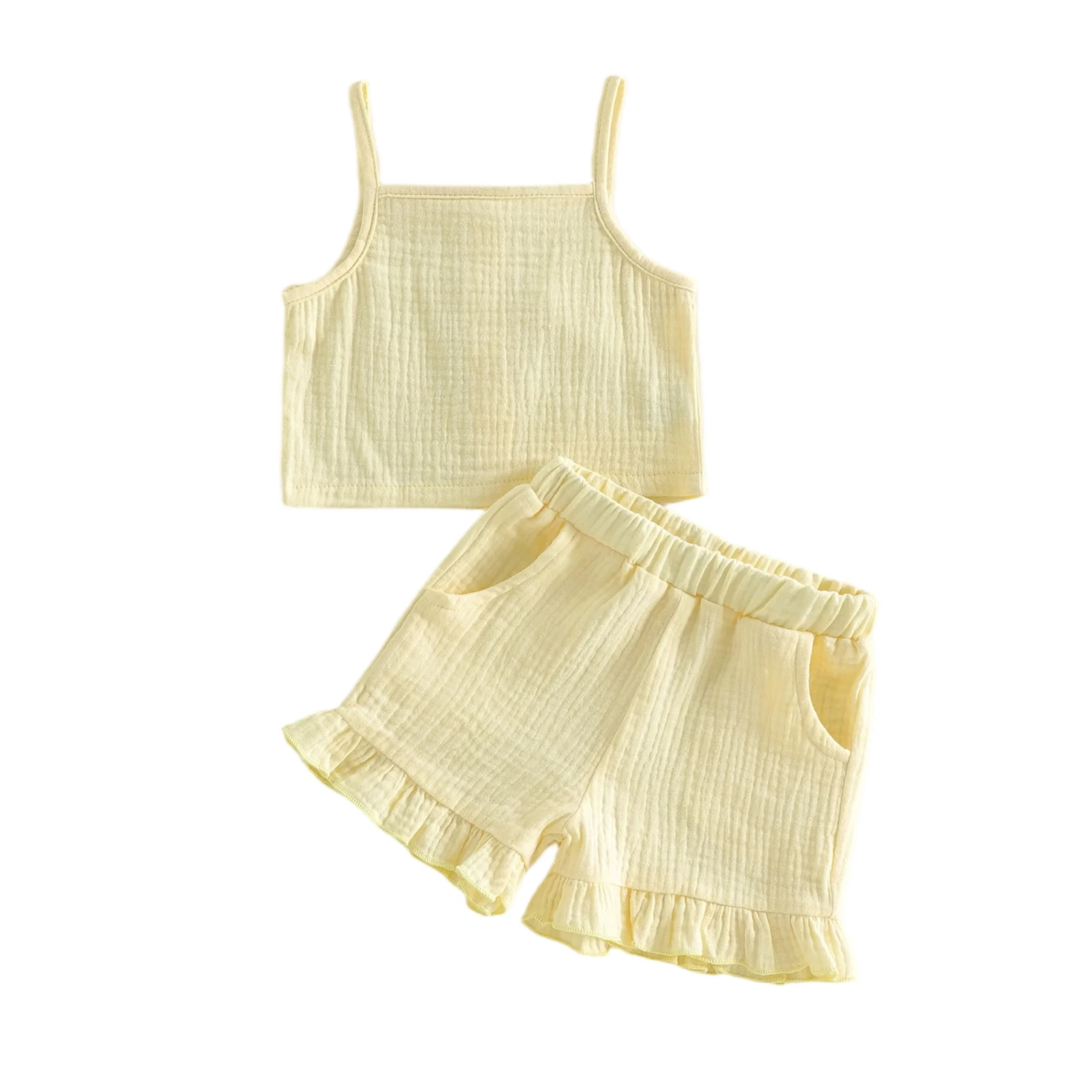 Conjunto de verano niña pequeña camisola lisa pantalón corto volantes