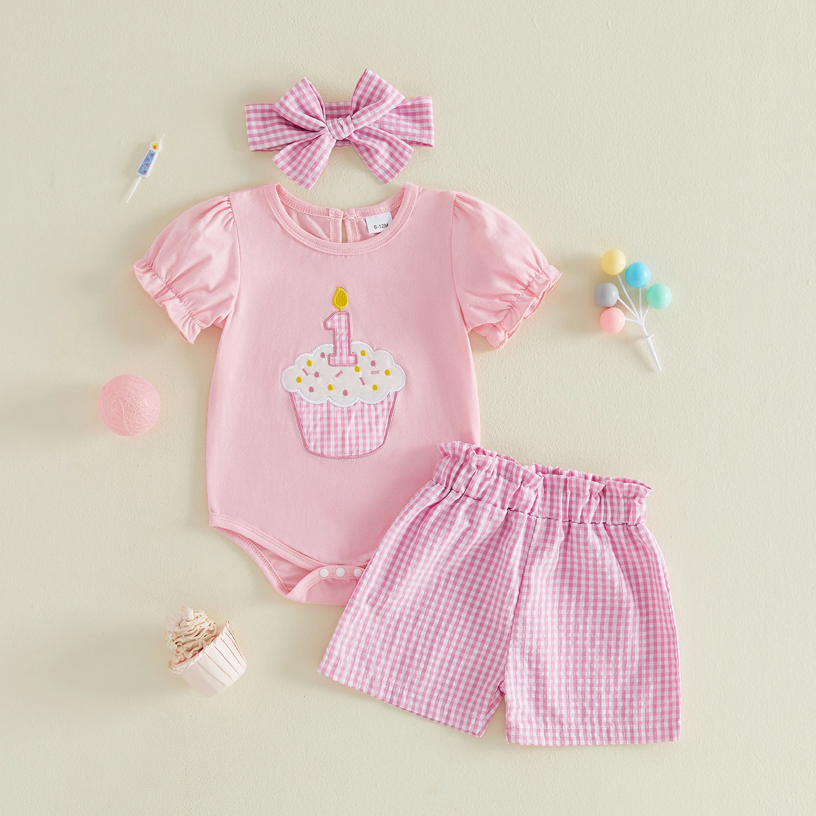 Pelele de bebé niña para cumpleaños con diadema, bordado y volante - imagen 3