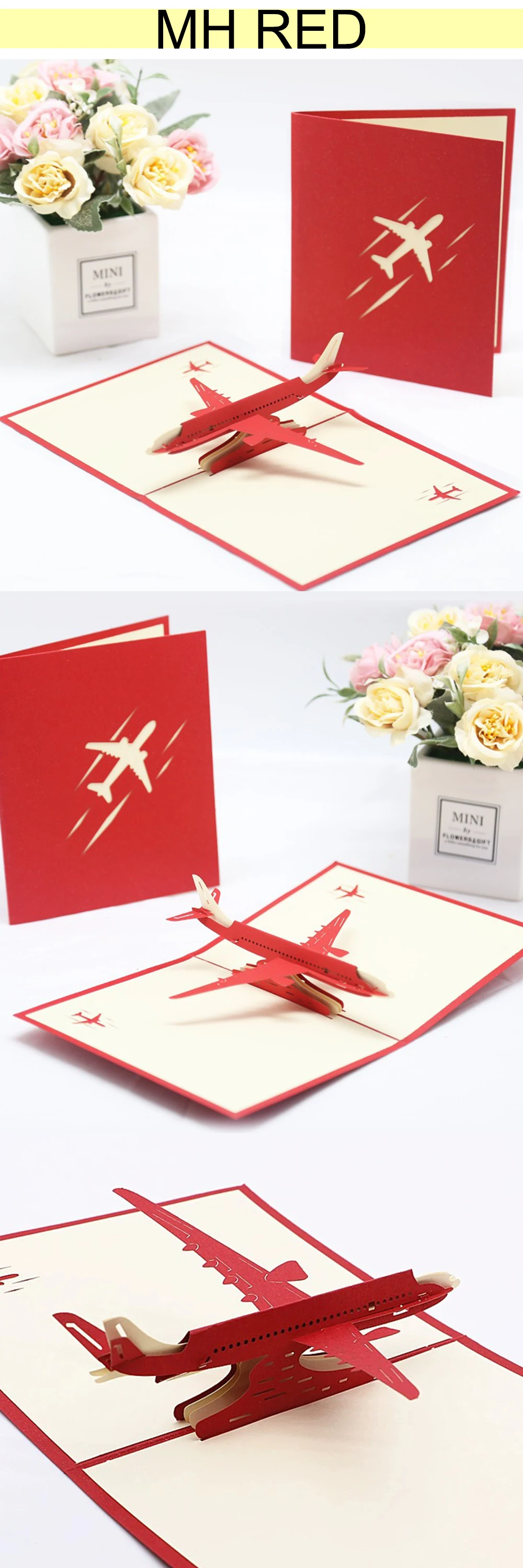 Tarjeta de avión 3D desplegada en superficie plana
