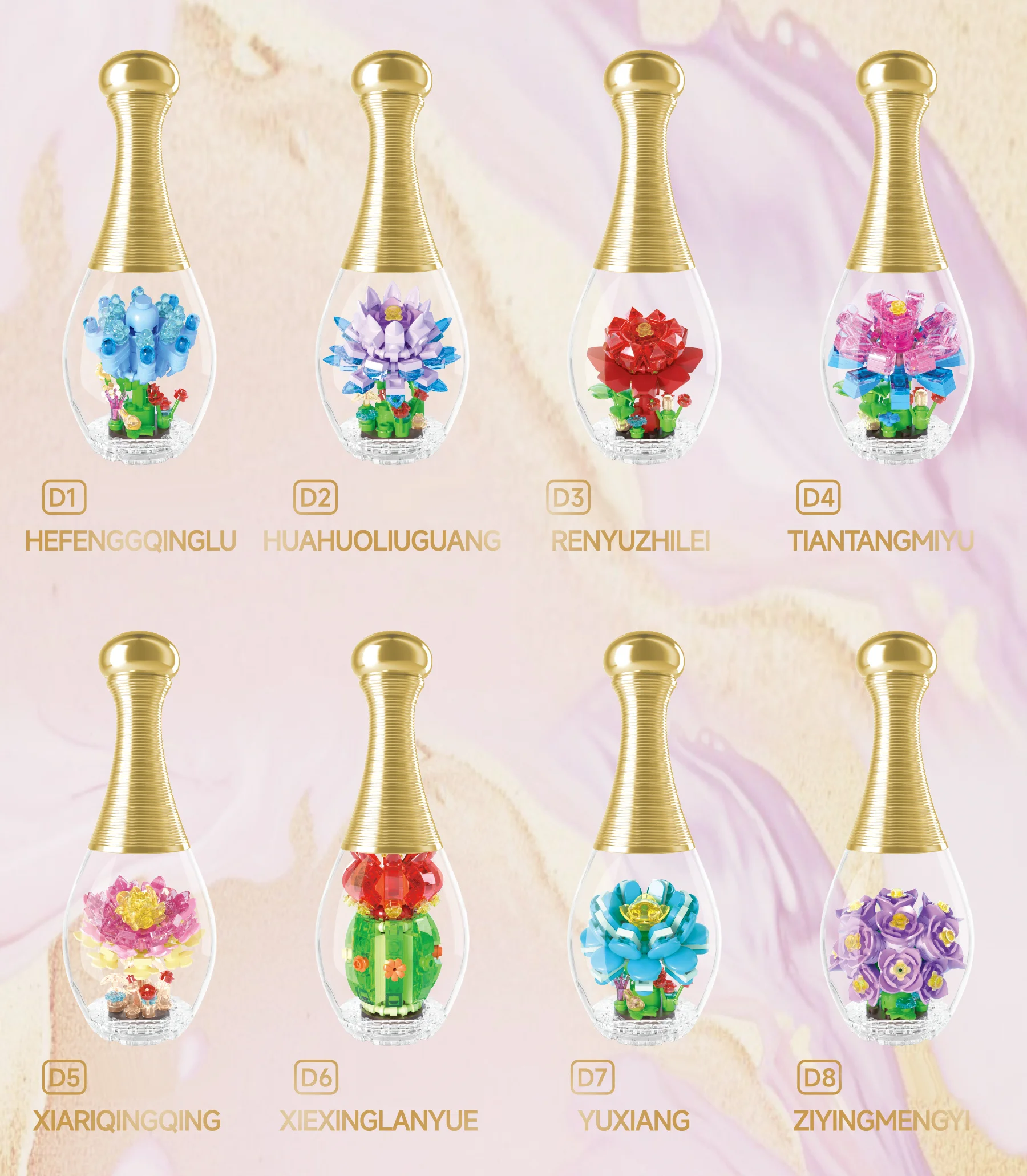 Detalle de las flores y la botella hecha con bloques