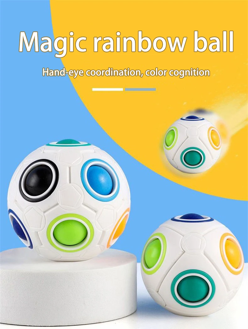 Cubo antiestrés GGbell mostrando su superficie de pelota de arcoíris