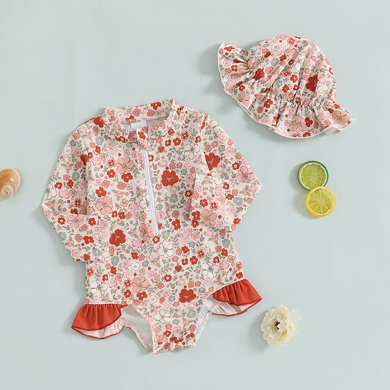 Traje de baño antisarpullidos manga larga floral con gorro y volantes - imagen 4
