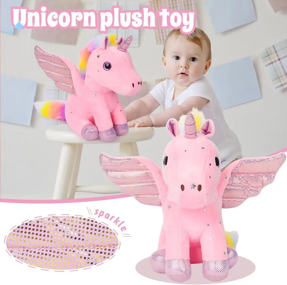 Detalle de la melena colorida del unicornio de peluche