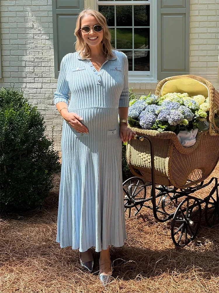 Vestido de embarazada de punto acanalado azul claro estilo tweed - imagen 2