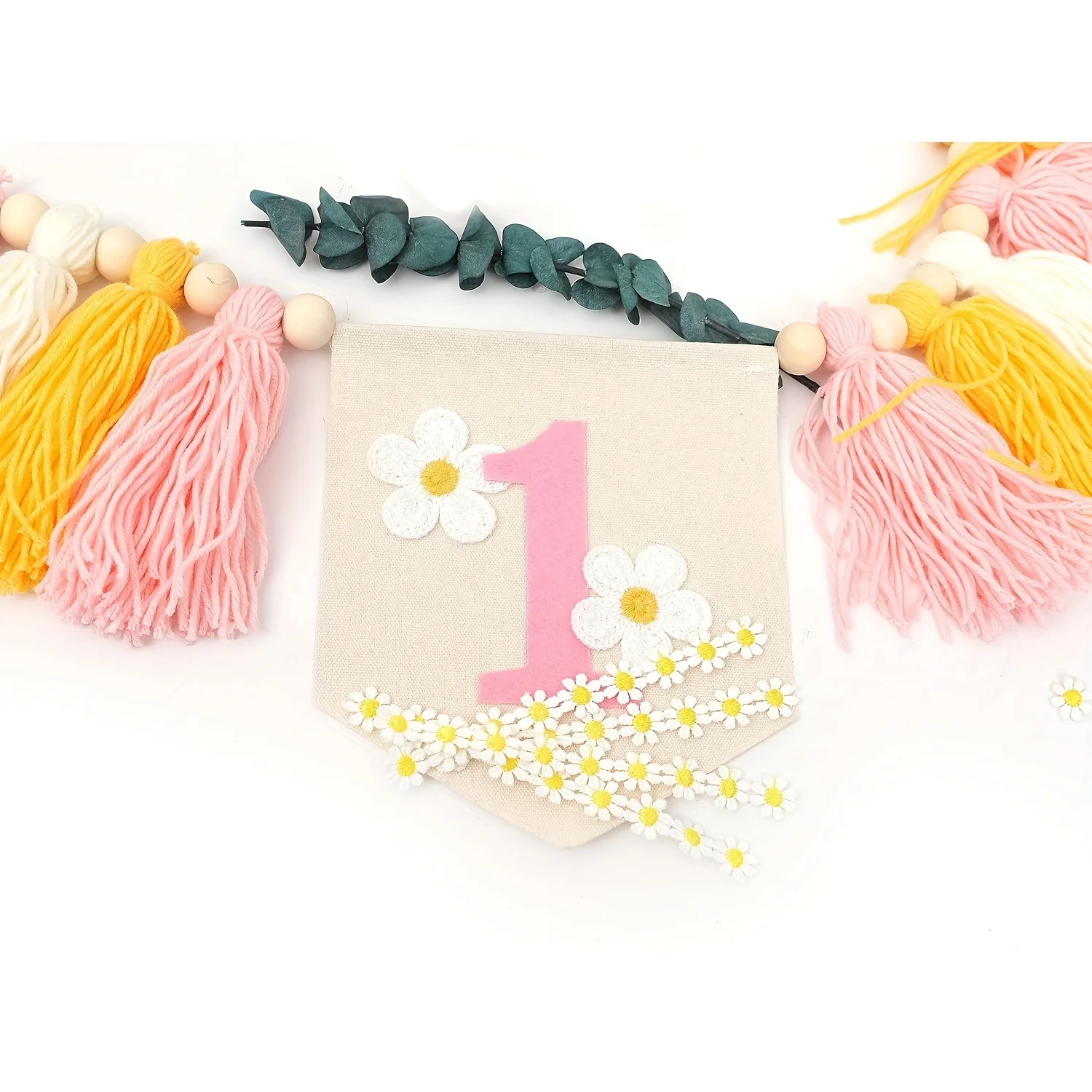 Daisy cartel primer cumpleaños - Pancarta con borlas para trona - imagen 4