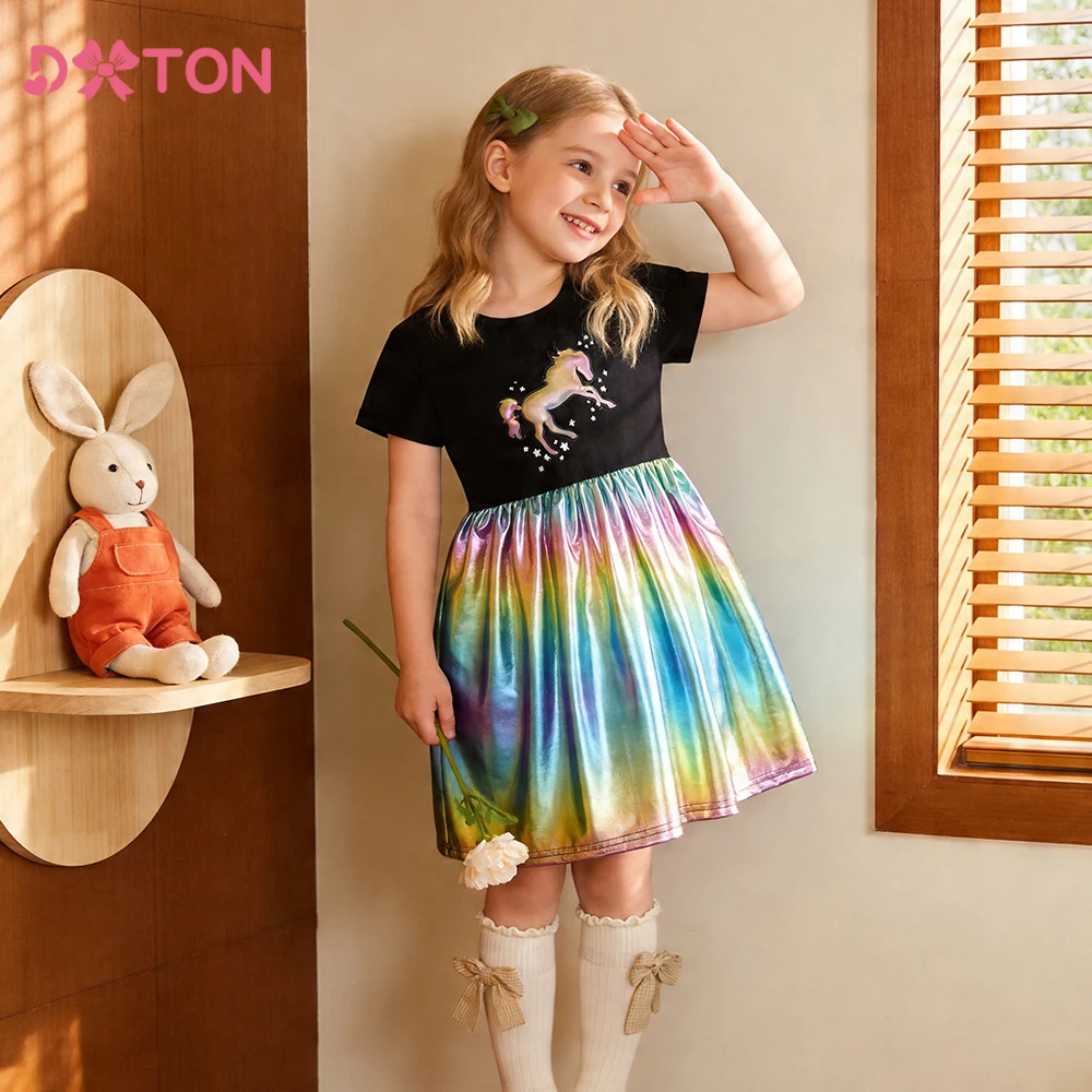 DXTON Vestido de algodón manga corta para niñas unicornio - imagen 5