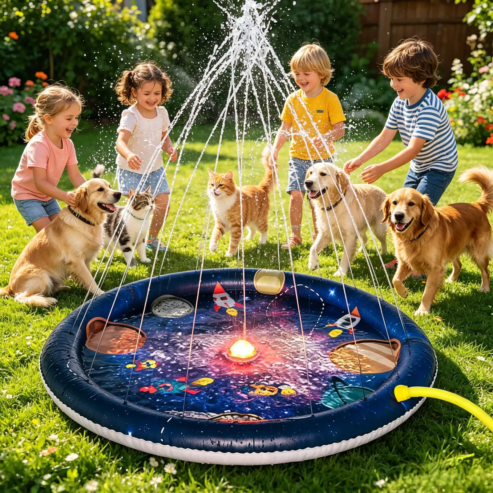 Alfombrilla de juego inflable espacial con rociador de agua