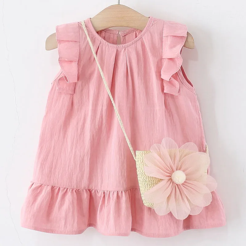 Vestido niña algodón sin mangas – Dibujos animados bolso flores