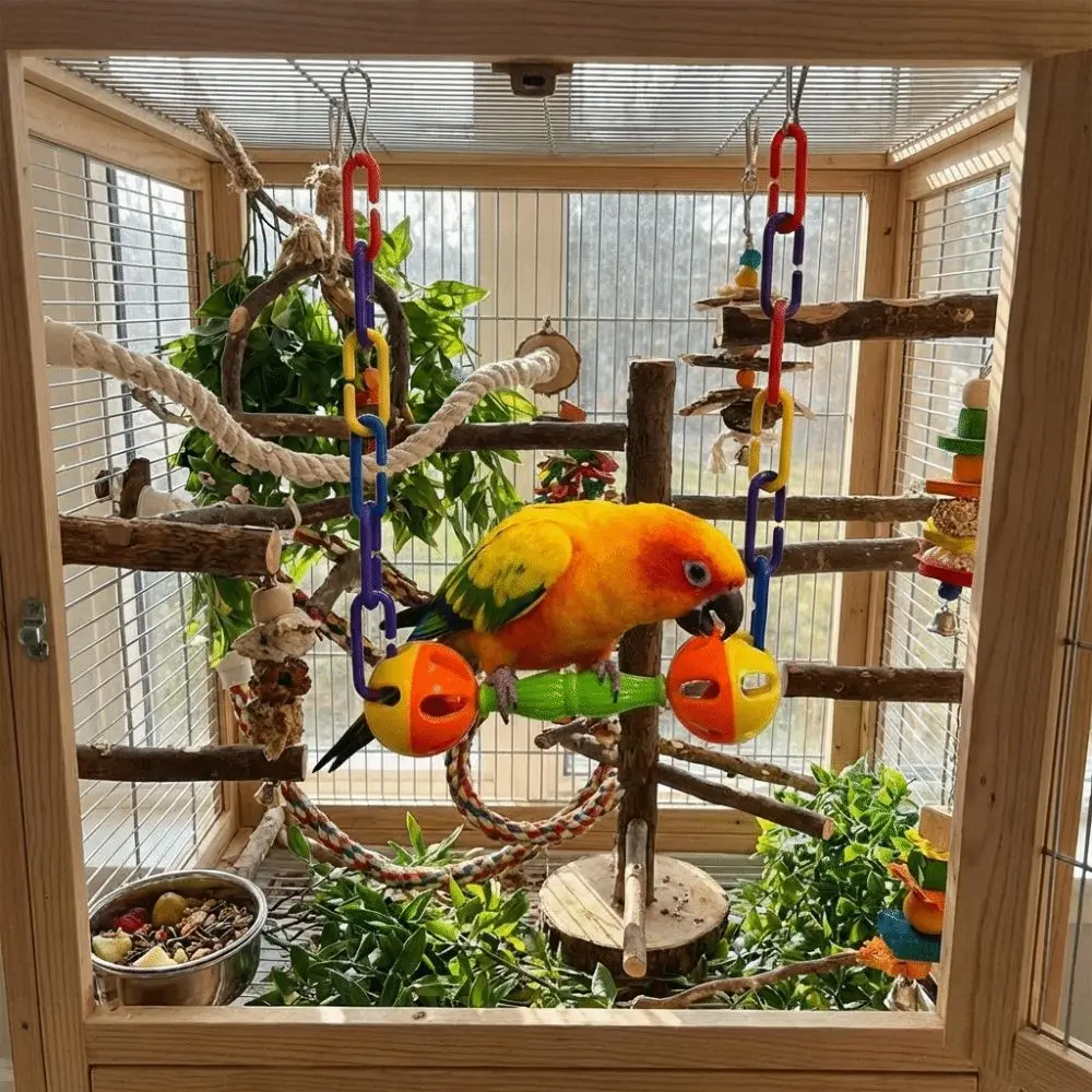 Columpio colgante para pájaros con campanas y soporte plástico