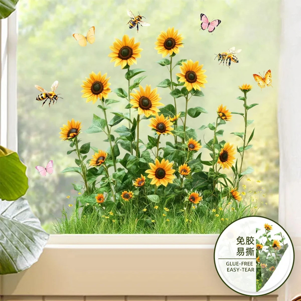 Pegatinas para ventanas estáticas reutilizables girasoles y abejas