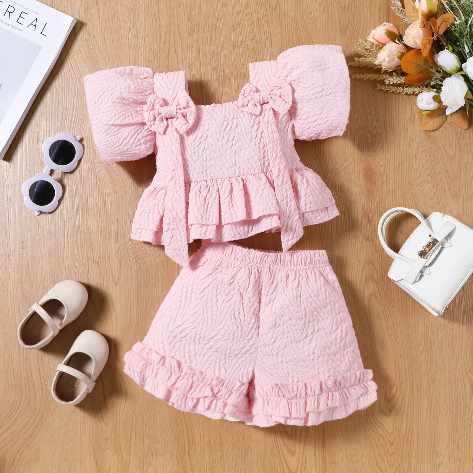 Conjunto de verano niñas – Camiseta algodón y pantalón corto con lazo - imagen 5
