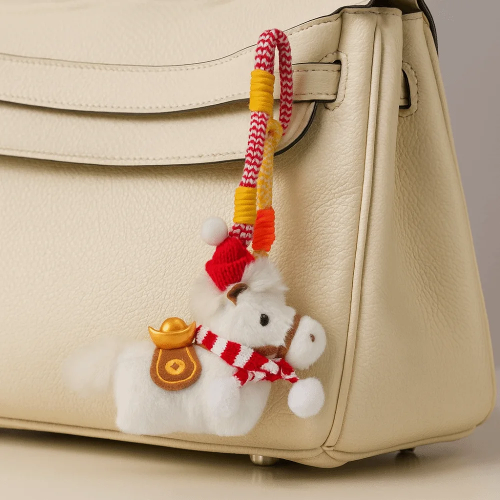 Llavero de peluche pony con bufanda roja, estilo kawaii para coche - imagen 2