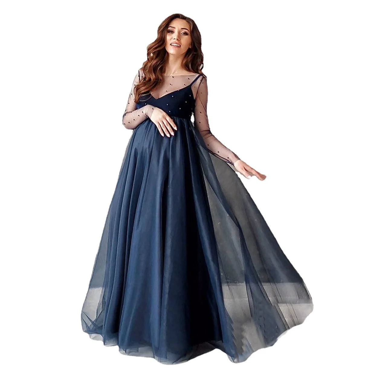 Vestido maternity de malla manga larga – Cuello barco para sesiones de fotos - imagen 3