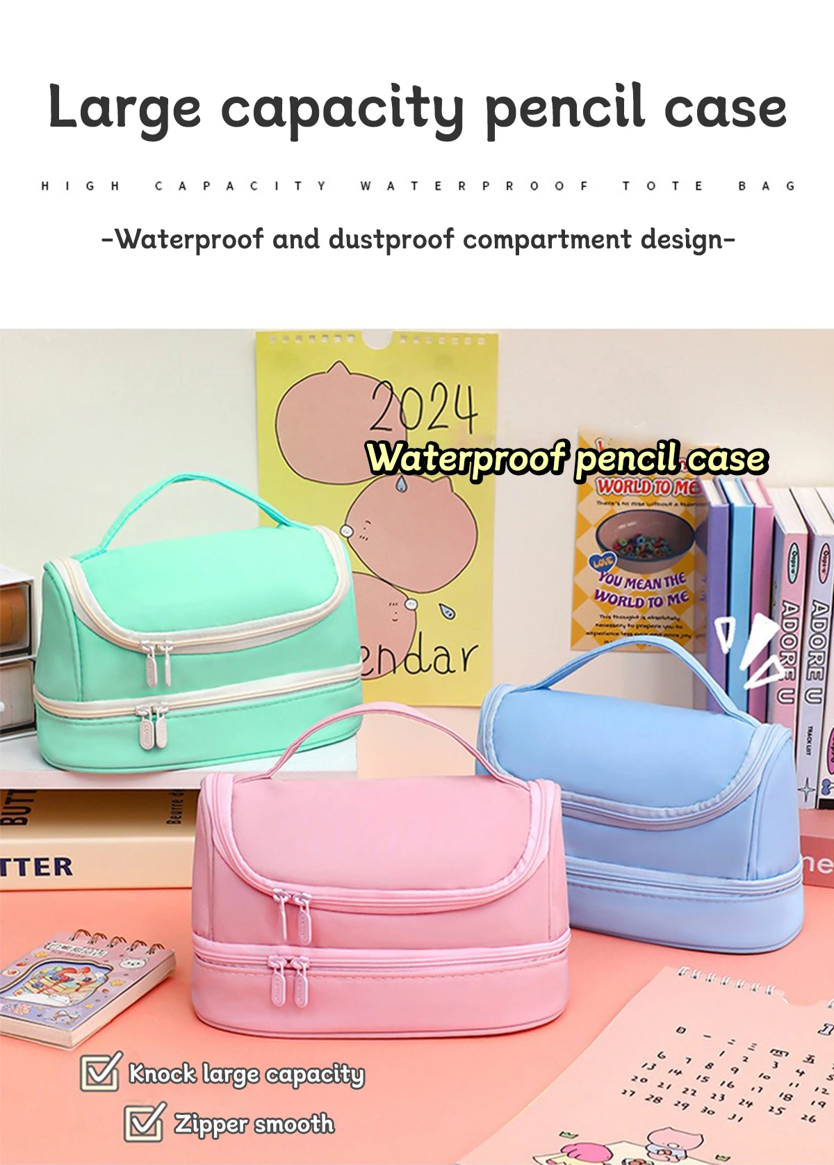 Estuche color macarrón con cierre visible