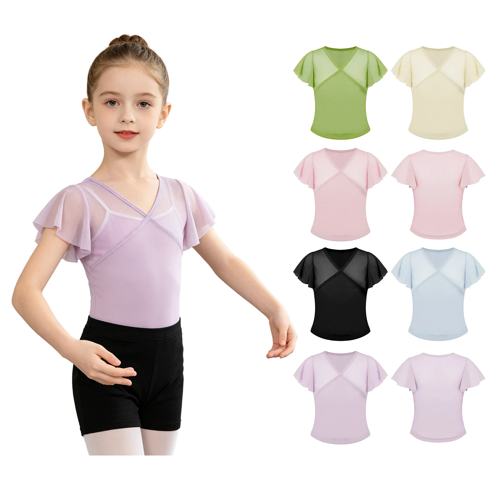 Camiseta de ballet niña manga corta cuello V, malla transpirable