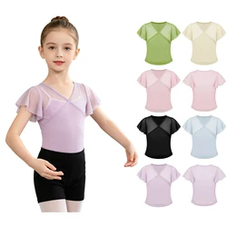 Camiseta de ballet niña manga corta cuello V, malla transpirable