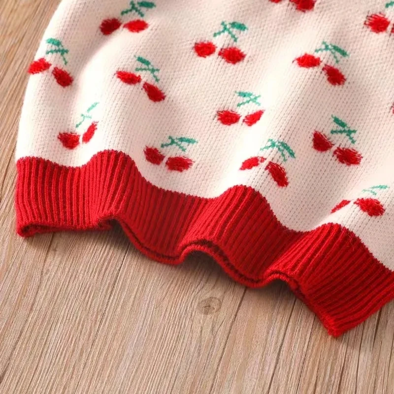 Chaleco de punto cereza para niña cuello V Primavera y otoño
