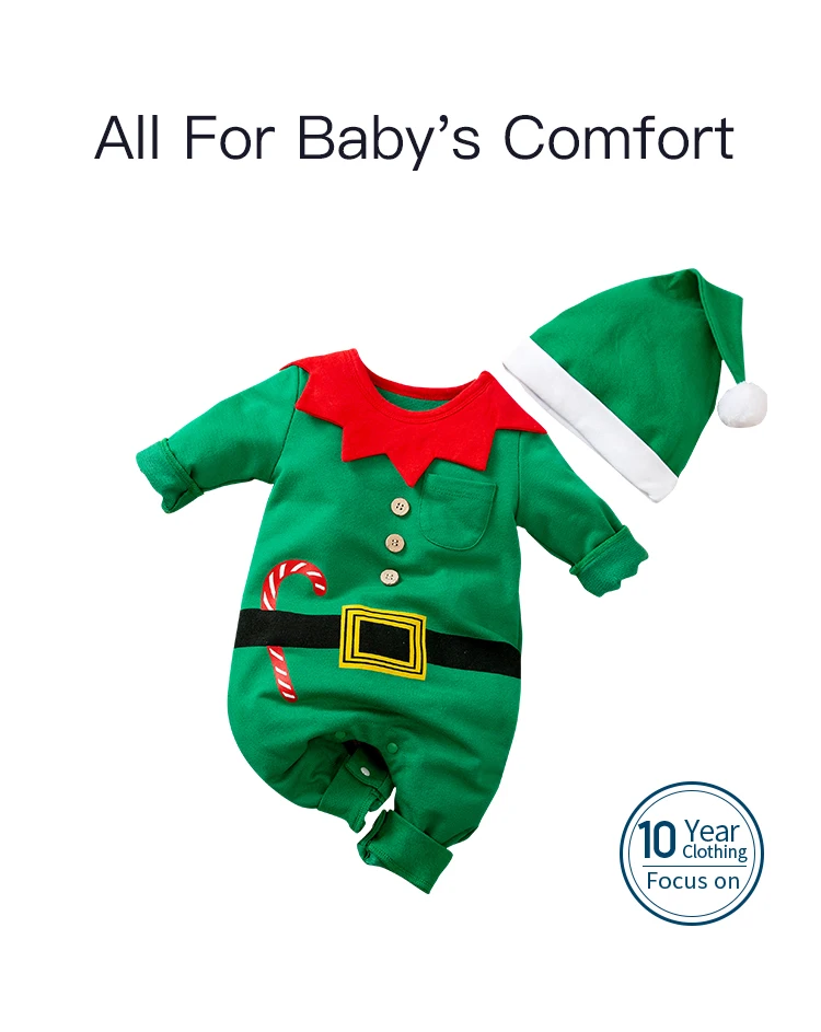 Two green elf-style newborn rompers with festive design