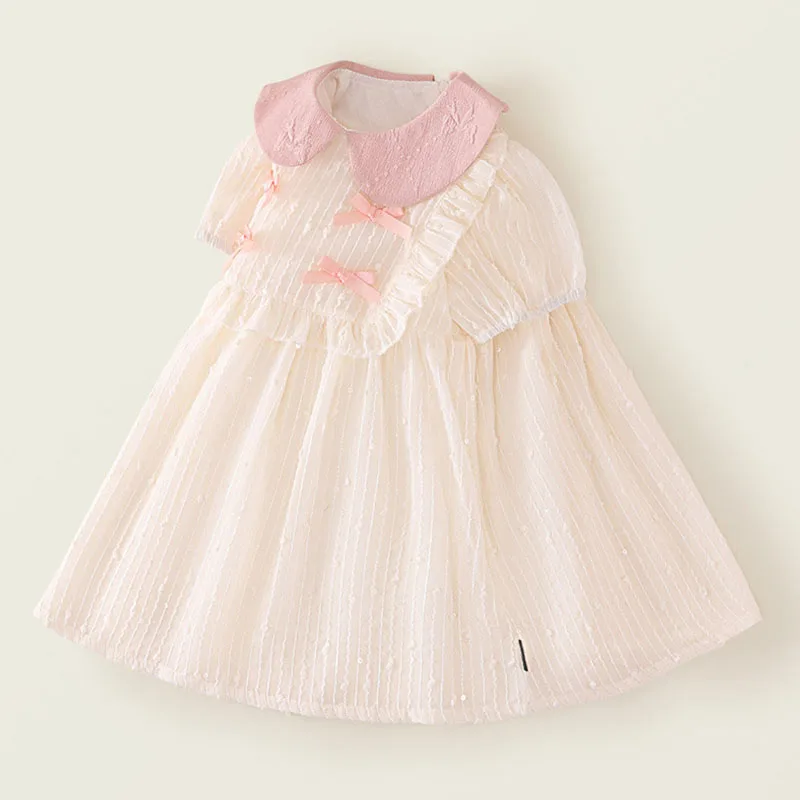 Vestido de niña de algodón con lazo en cuello y manga abombada - imagen 5
