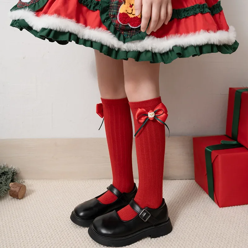 Calcetines hasta la rodilla de algodón con lazo para niñas rojo y verde - imagen 2