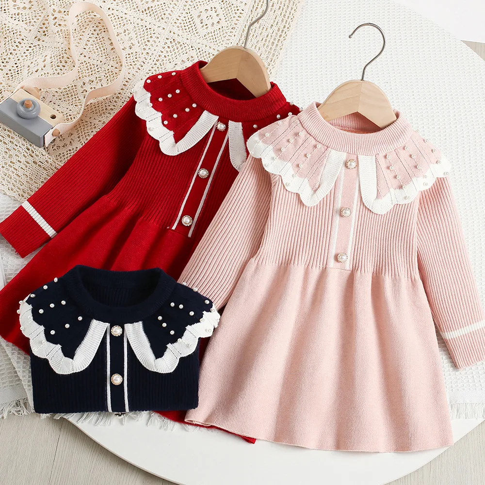 Vestido de punto para niña estilo princesa con perlas para otoño - imagen 4