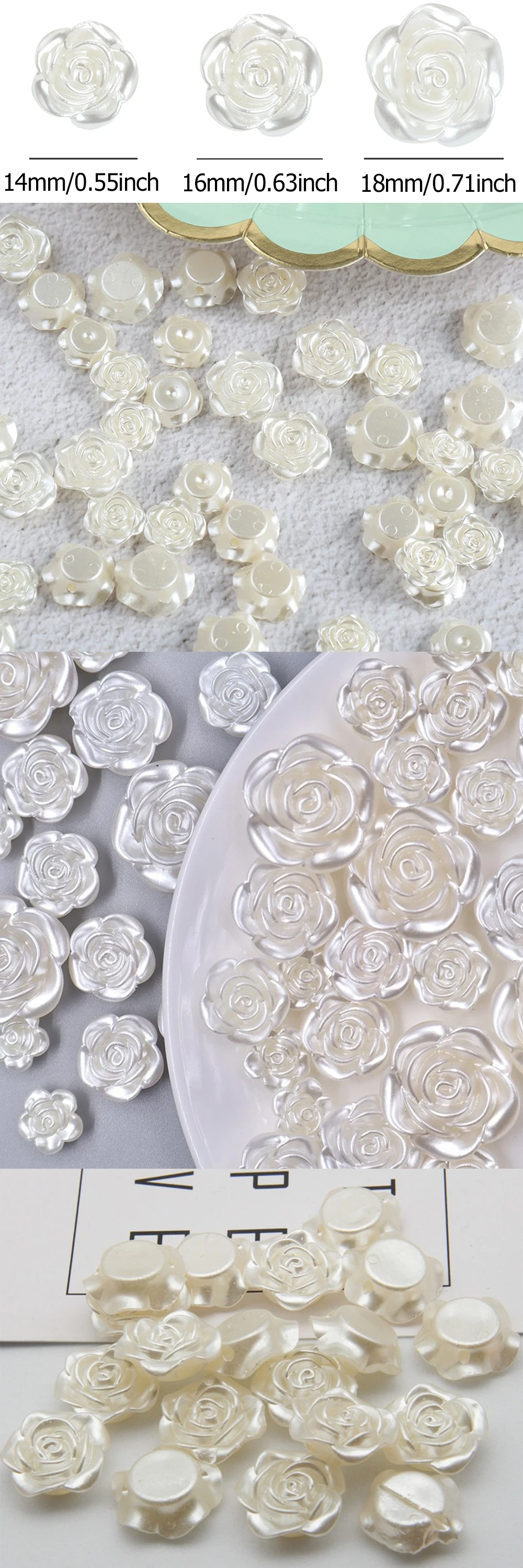 Detalle de las cuentas de rosa camelia en tono marfil