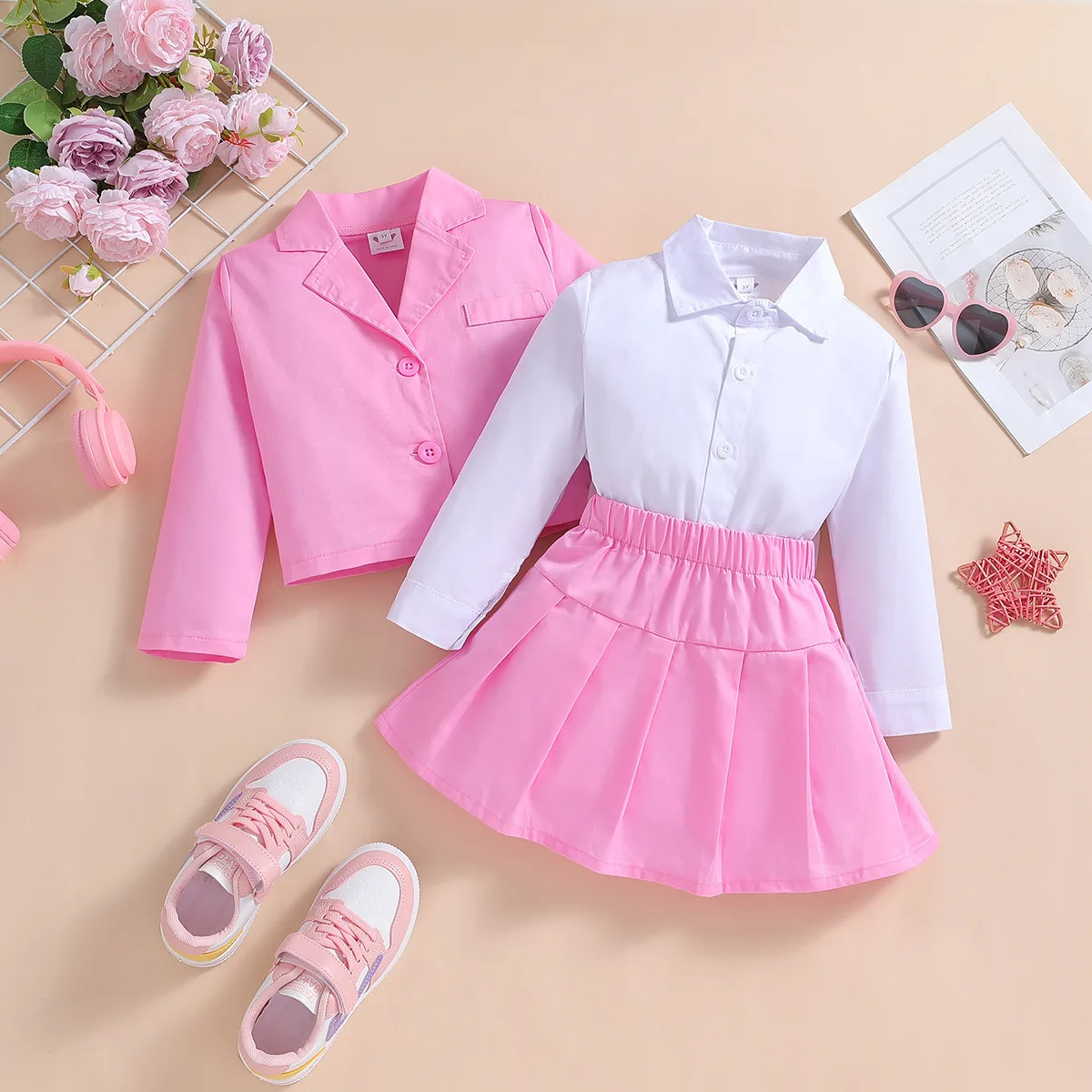 Conjunto algodon nina - Tops manga larga, abrigo y falda coreana - imagen 5