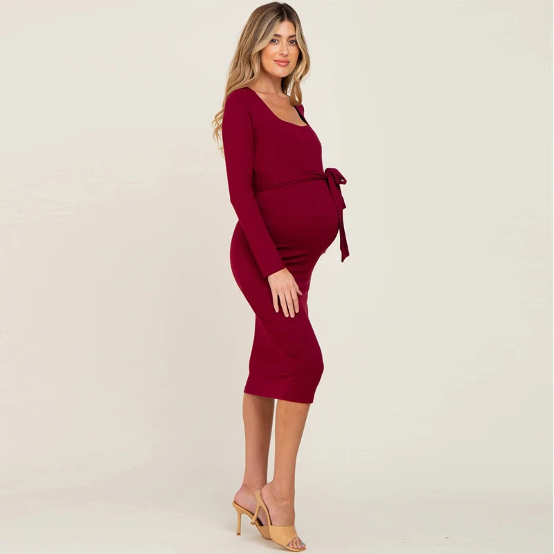 Vestido de maternidad elegante cuello grande cinturón lazo primavera - imagen 2
