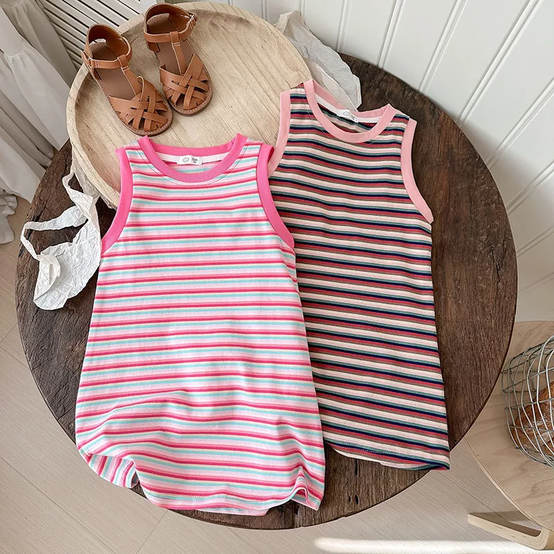 Falda tipo chaleco para niña – Estilo coreano rayas verano - imagen 2