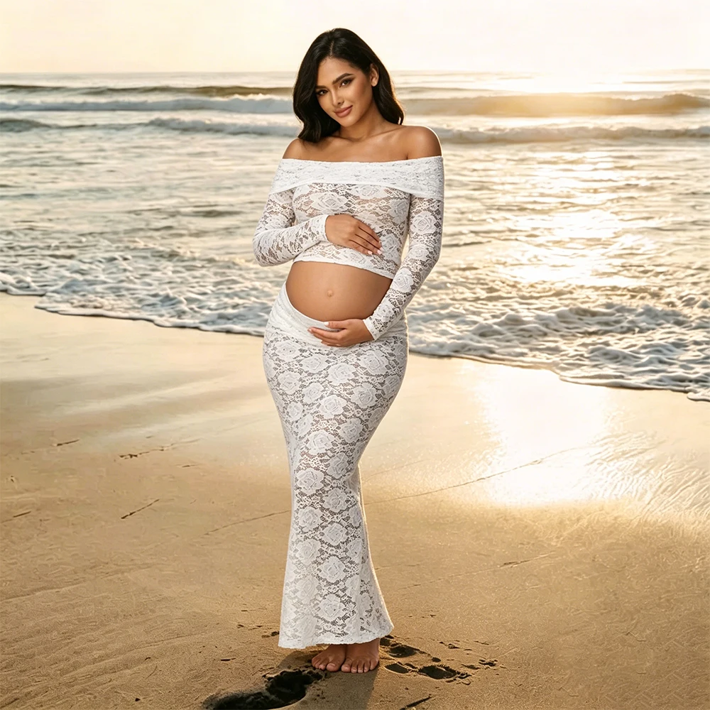 Conjunto de maternidad de encaje con vestido hombros descubiertos - imagen 4