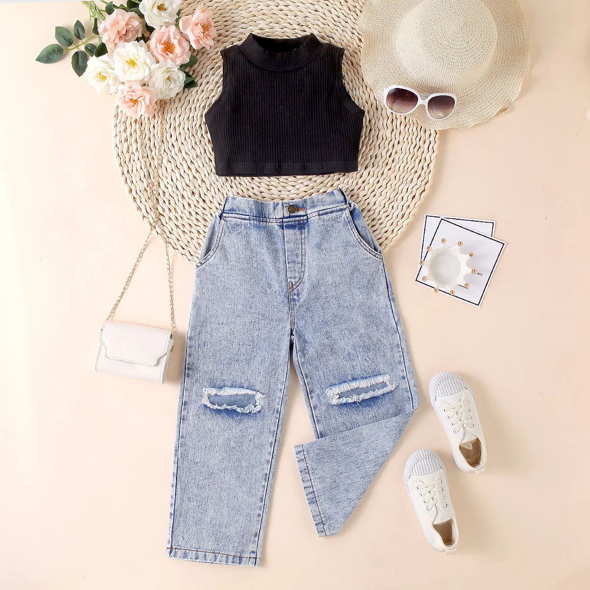 Conjunto niña verano top tirantes finos y vaquero desgarrado - imagen 4