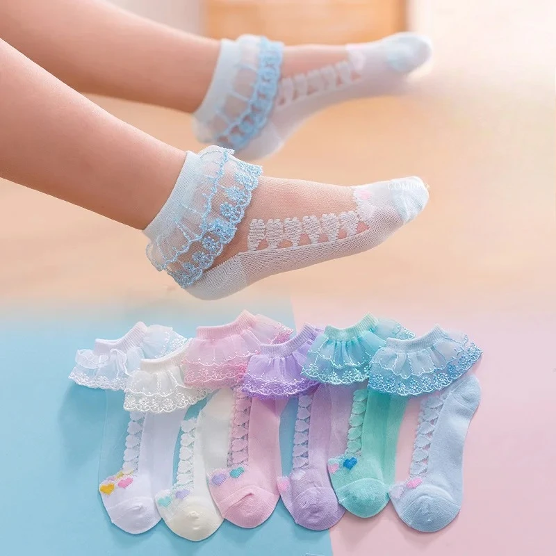 Calcetines altos de malla con volante y encaje veraniegos para niña - imagen 3