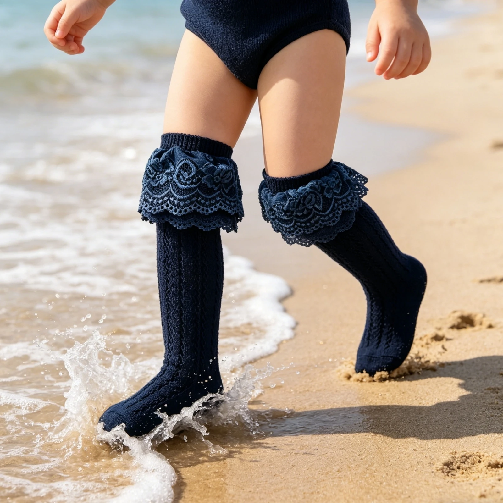 Calcetines altos hasta la rodilla con calado y volantes para niña