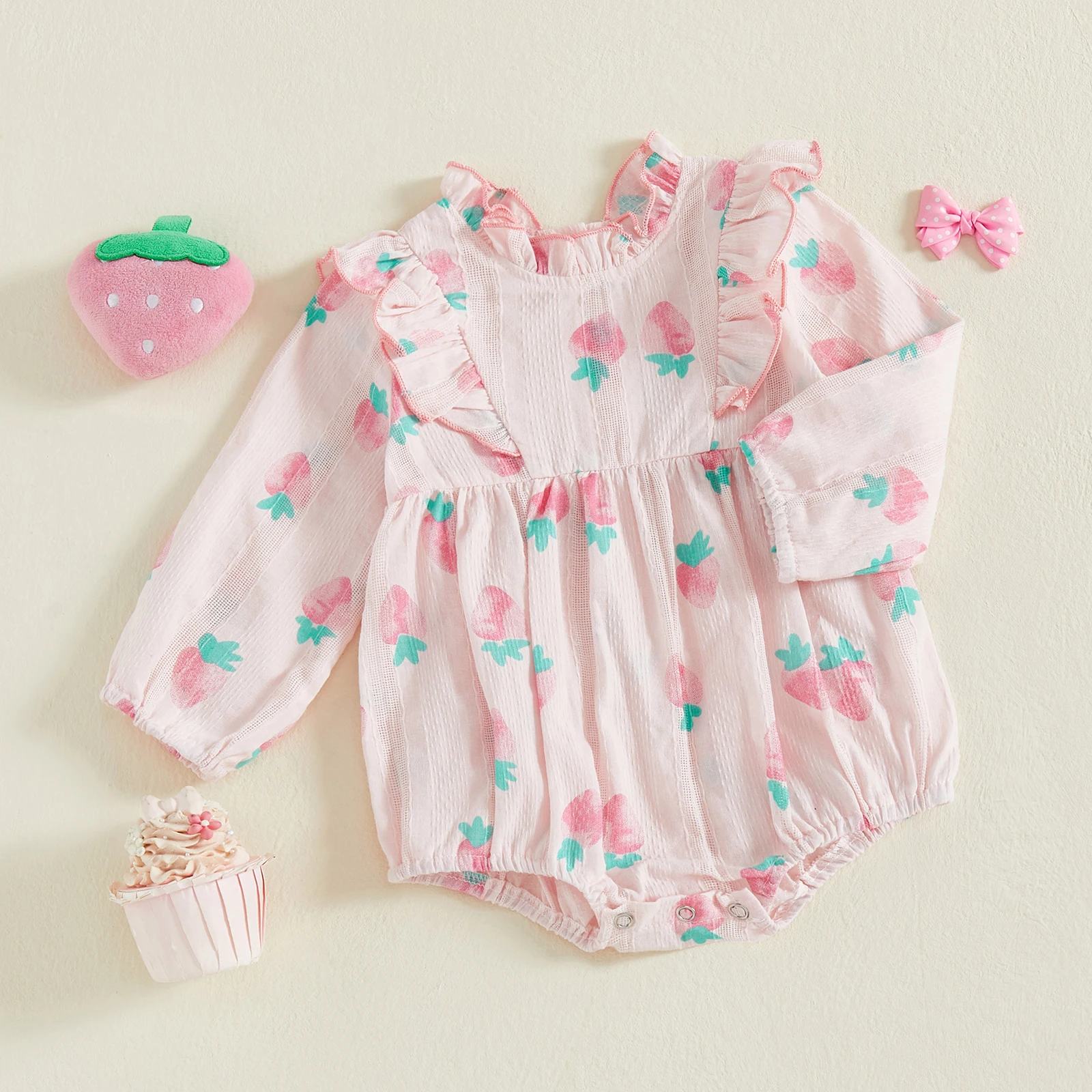 Tregren Pelele para niñas estampado fresa – Volantes y manga larga - imagen 3