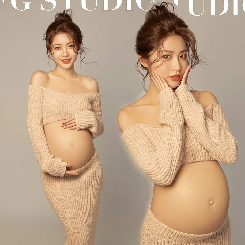 Omen vestido de maternidad falda y top punto caqui para fotos estudio